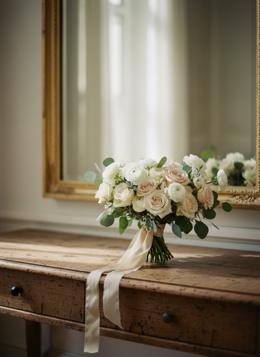 An exquisitely detailed bridal bouquet lies carefully on an antique wooden console table, its surface rich with fine grain and time-worn patina. The bouquet features ivory and blush roses, delicate white ranunculus and soft eucalyptus leaves, tied with a flowing silk ribbon in muted champagne tones. Behind, a vintage mirror with an ornate gilded frame reflects a softly blurred, sunlit room. Gentle window light bathes the flowers, revealing velvety petals and subtle color gradients, while casting faint, graceful shadows. Captured in photographic realism at eye level, framed using the rule of thirds, with a shallow depth of field to create a refined, poetic and timeless atmosphere, ideal for a sophisticated wedding photography site.