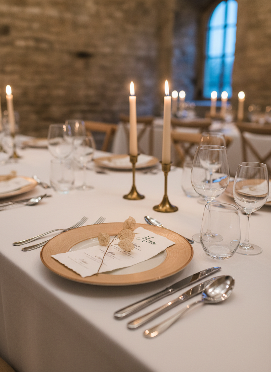 A meticulously set wedding reception table extends into the softly blurred distance of an intimate stone-walled venue. On the foreground place setting, a fine porcelain plate in warm ivory is layered with a hand-torn edge menu card printed in delicate gray lettering, topped with a single dried flower stem. Crystal-clear stemware catches tiny points of light, while polished silver cutlery rests precisely on crisp linen. Slim taper candles in understated brass holders cast a gentle golden glow that mingles with faint twilight filtering through unseen windows. Photographic realism, shot from a low, diagonal angle to emphasize depth and repetition, creating a serene, elegant and authentic atmosphere that captures the quiet beauty of a wedding dinner.