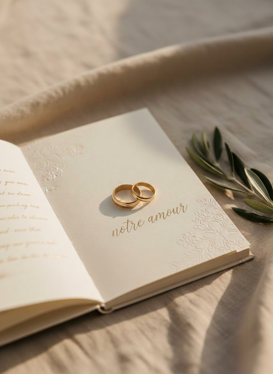 mariage A pair of elegant wedding rings in warm yellow gold rests on the open page of a finely textured ivory vow booklet. The delicate calligraphy title is softly in focus while the surrounding words blur gently. The scene is set on a linen-draped table with subtle creases, a sprig of olive branch lying nearby. Late afternoon natural light enters from the left, creating graceful highlights on the polished metal and tender shadows across the paper. Photographic realism, shot from a close, slightly elevated angle with shallow depth of field, creating a timeless, sophisticated and romantic mood that evokes the promise and intimacy of a wedding day.