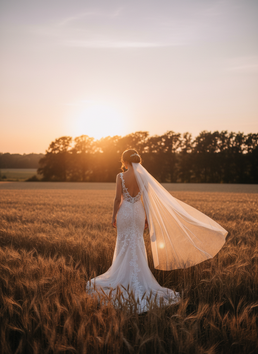 Mariée de dos dans un champ au coucher du soleil